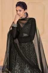 Black Pure Georgette Embroidered Partywear Dress