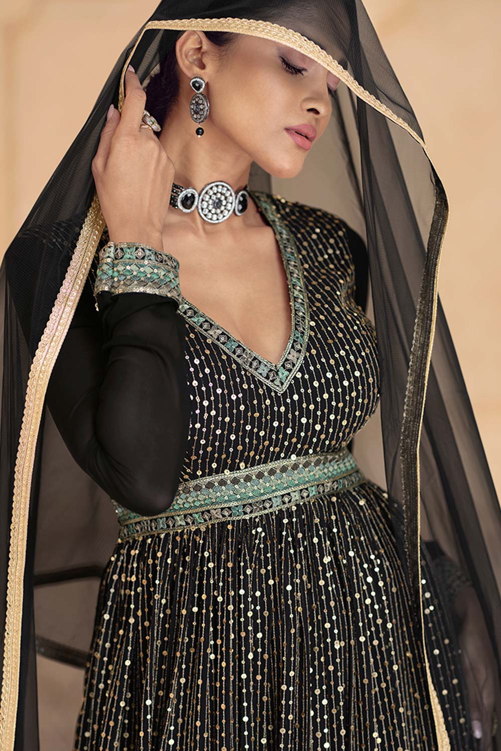 Black Pure Georgette Embroidered Partywear Dress