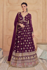 Dark Purple Pure Georgette Embroidered Partywear Dress