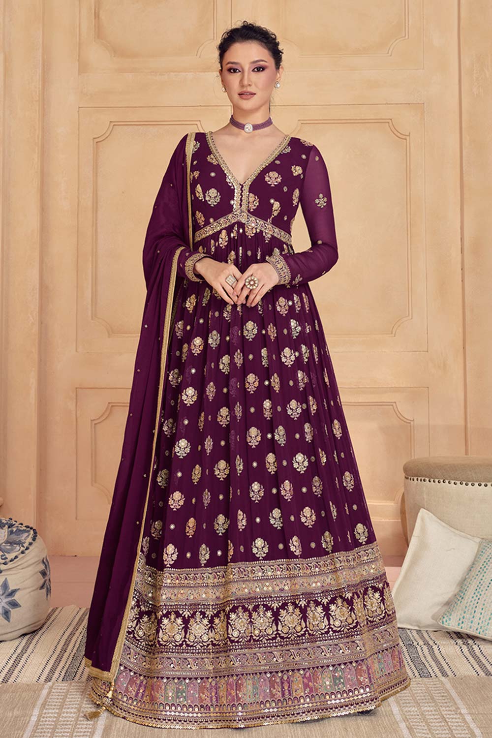 Dark Purple Pure Georgette Embroidered Partywear Dress