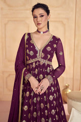 Dark Purple Pure Georgette Embroidered Partywear Dress