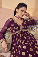 Dark Purple Pure Georgette Embroidered Partywear Dress