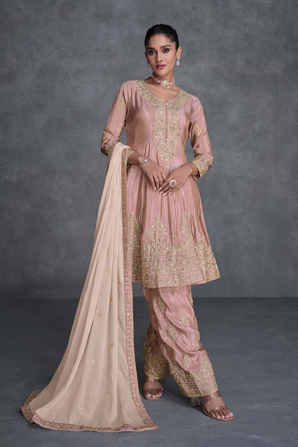 Peach Organza Silk Embroidered Designer Dress