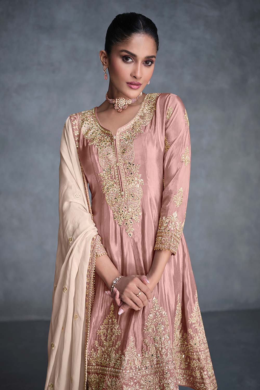 Peach Organza Silk Embroidered Designer Dress