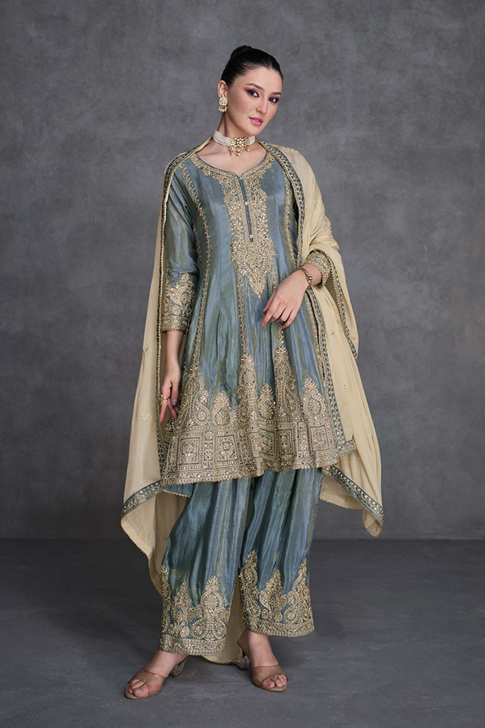 Grey Organza Silk Embroidered Designer Dress