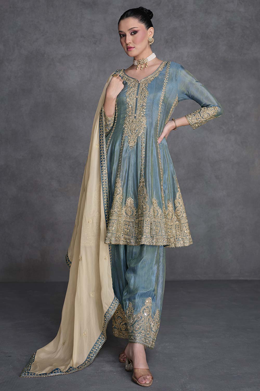 Grey Organza Silk Embroidered Designer Dress