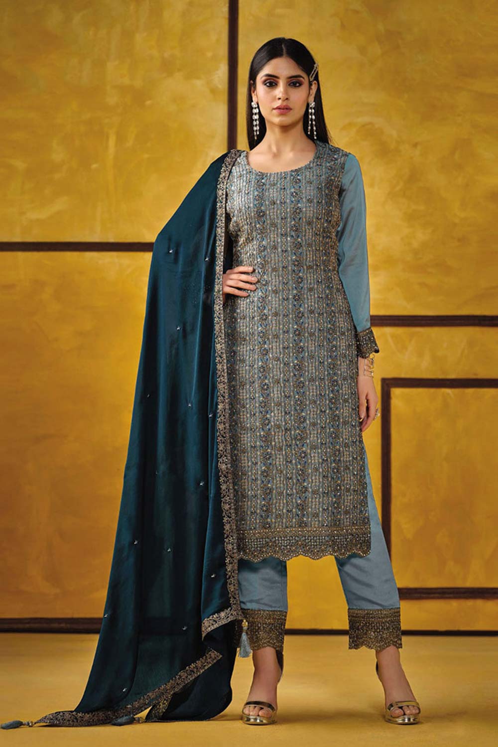 Teal Blue Rangoli Silk Embroidered Trendy Salwar Kameez