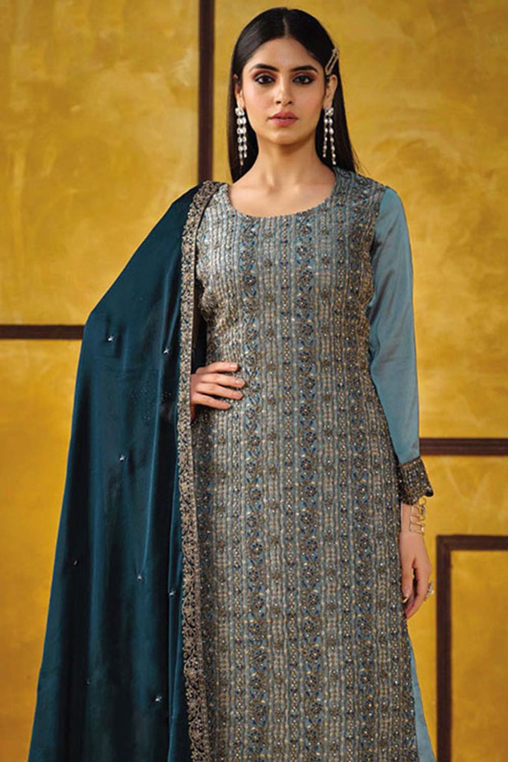 Teal Blue Rangoli Silk Embroidered Trendy Salwar Kameez