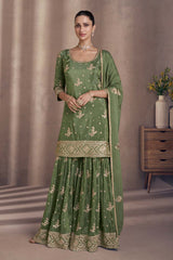 Mehendi Chinon Silk Designer Sharara Dress