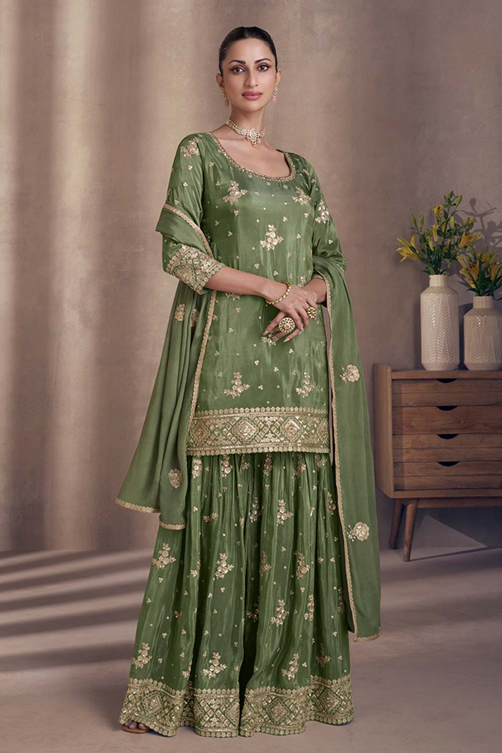 Mehendi Chinon Silk Designer Sharara Dress