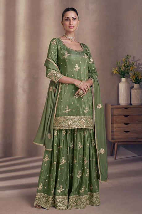 Mehendi Chinon Silk Designer Sharara Dress