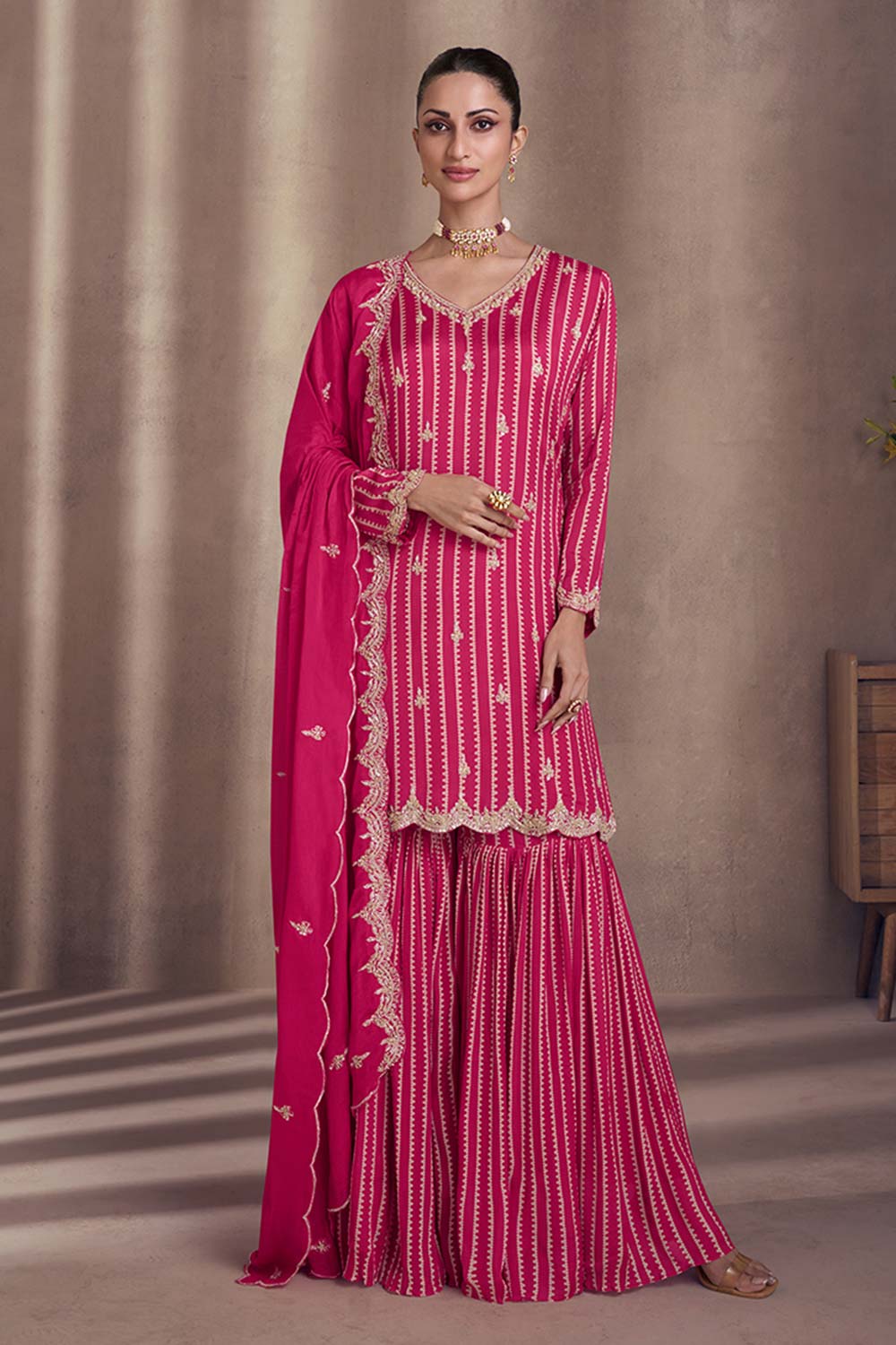 Magenta Chinon Silk Designer Sharara Dress