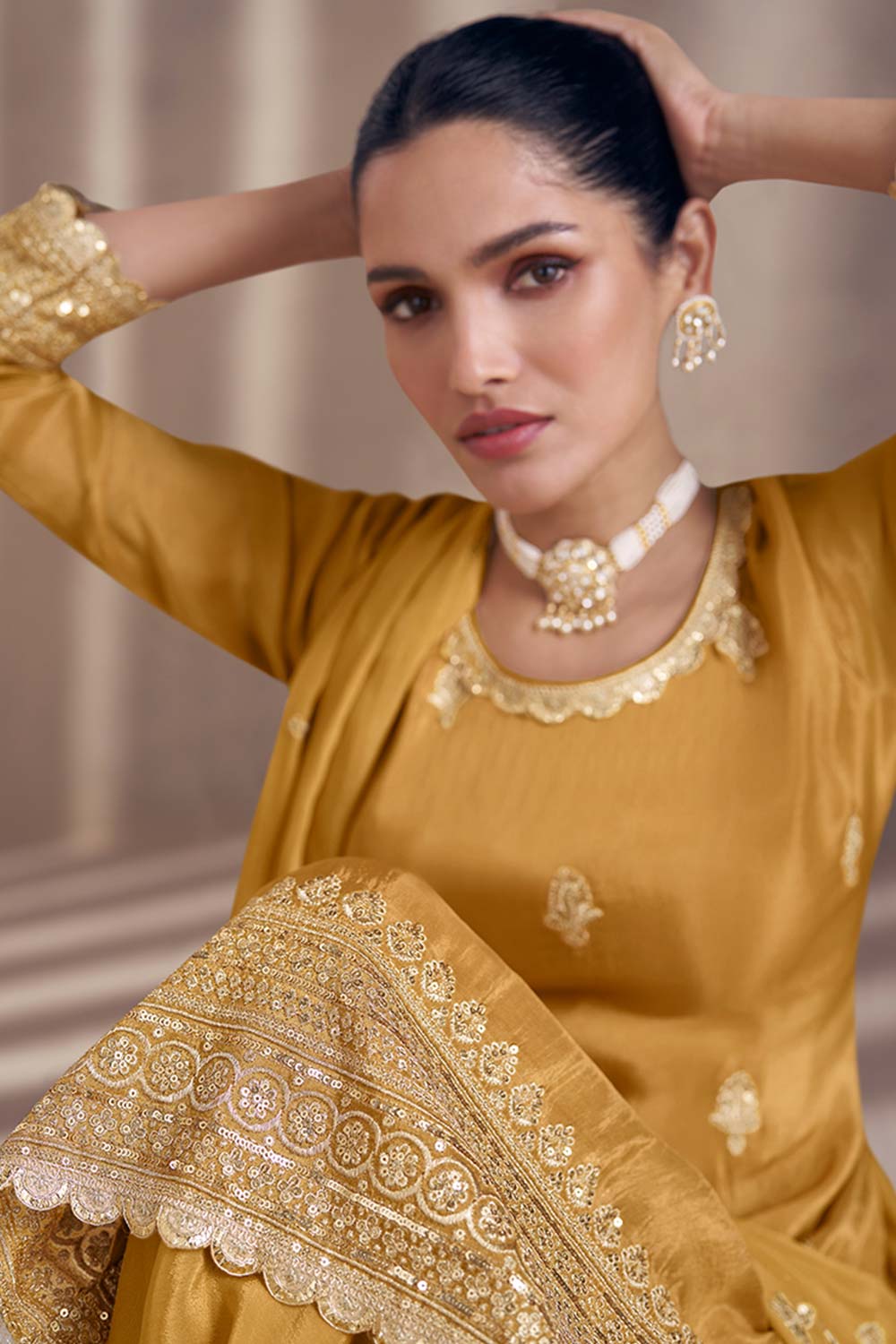 Mustard Chinon Silk Designer Sharara Dress