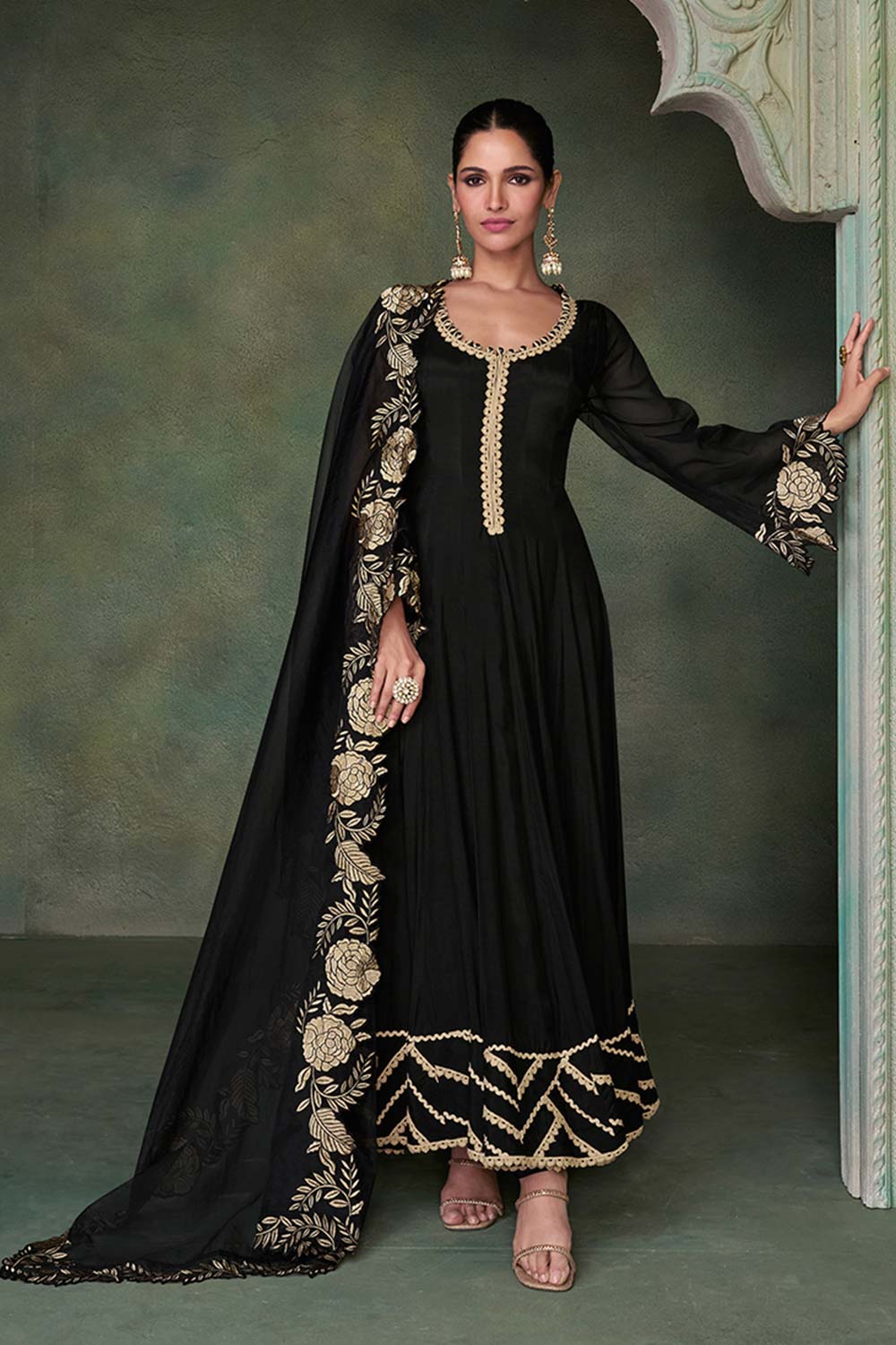 Black Pure Silk Embroidered Designer Suit