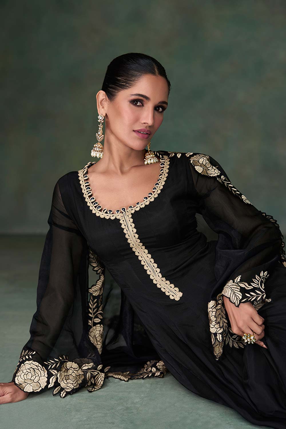 Black Pure Silk Embroidered Designer Suit