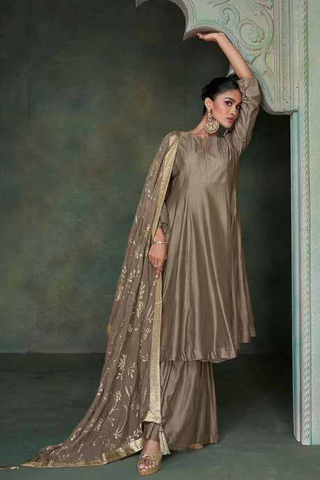 Dark Chikoo Pure Silk Embroidered Designer Suit