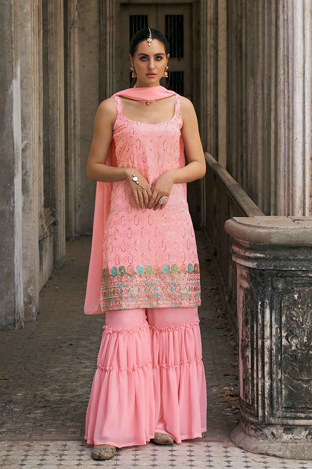 Pink Embroidered Georgette Sharara Suit