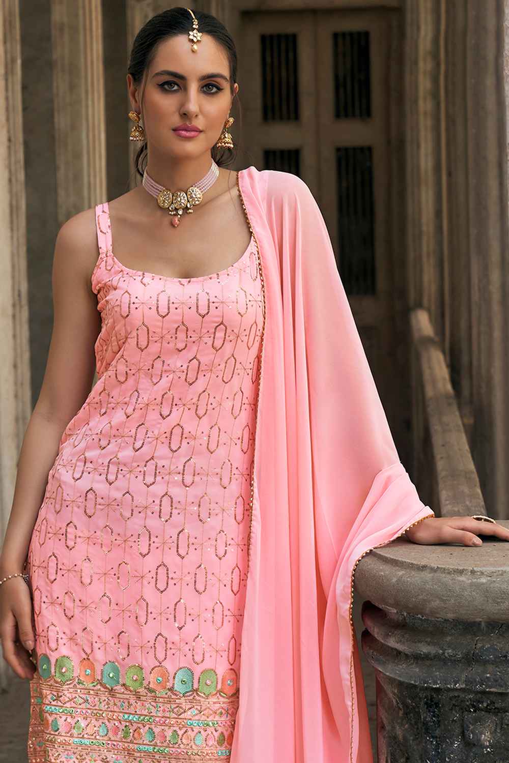 Pink Embroidered Georgette Sharara Suit