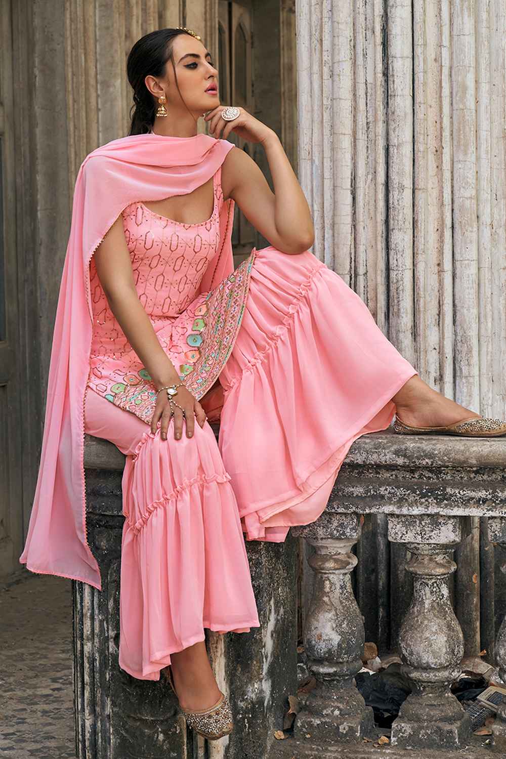 Pink Embroidered Georgette Sharara Suit