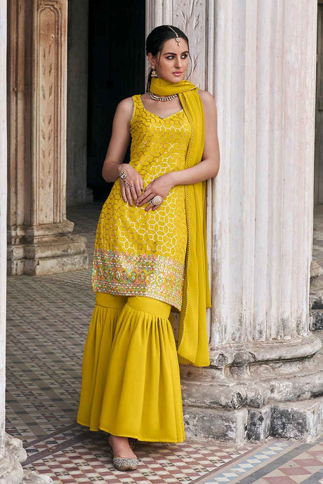 Yellow Embroidered Georgette Sharara Suit