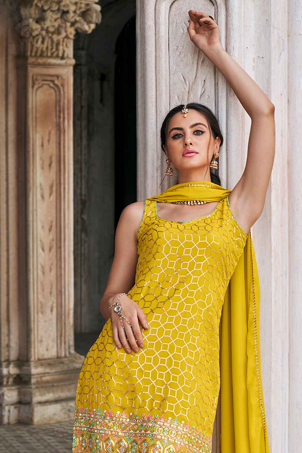 Yellow Embroidered Georgette Sharara Suit