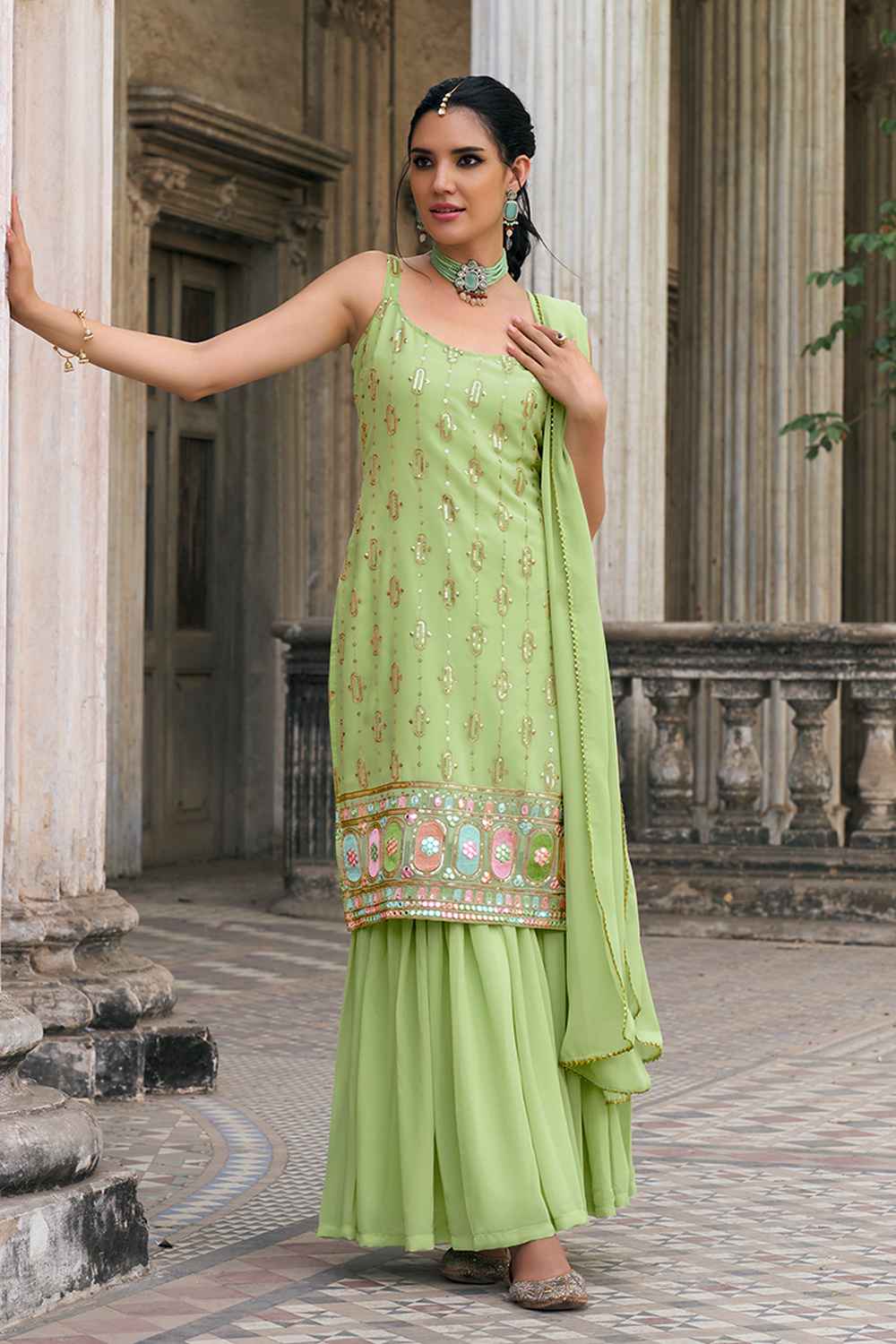 Green Embroidered Georgette Sharara Suit