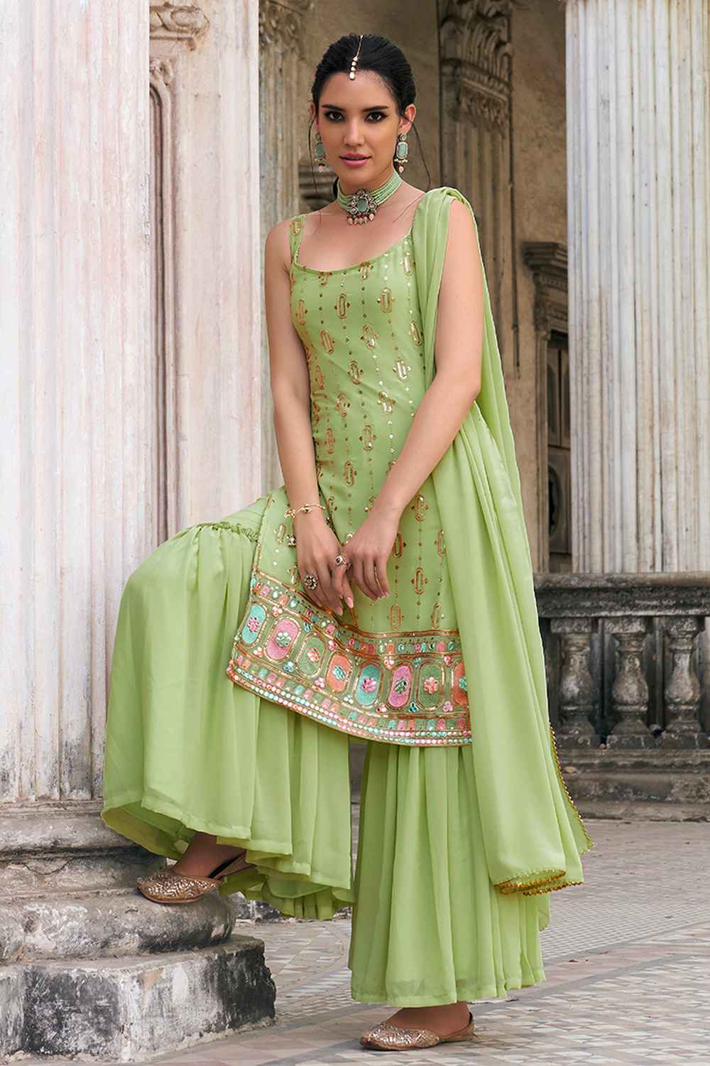 Green Embroidered Georgette Sharara Suit