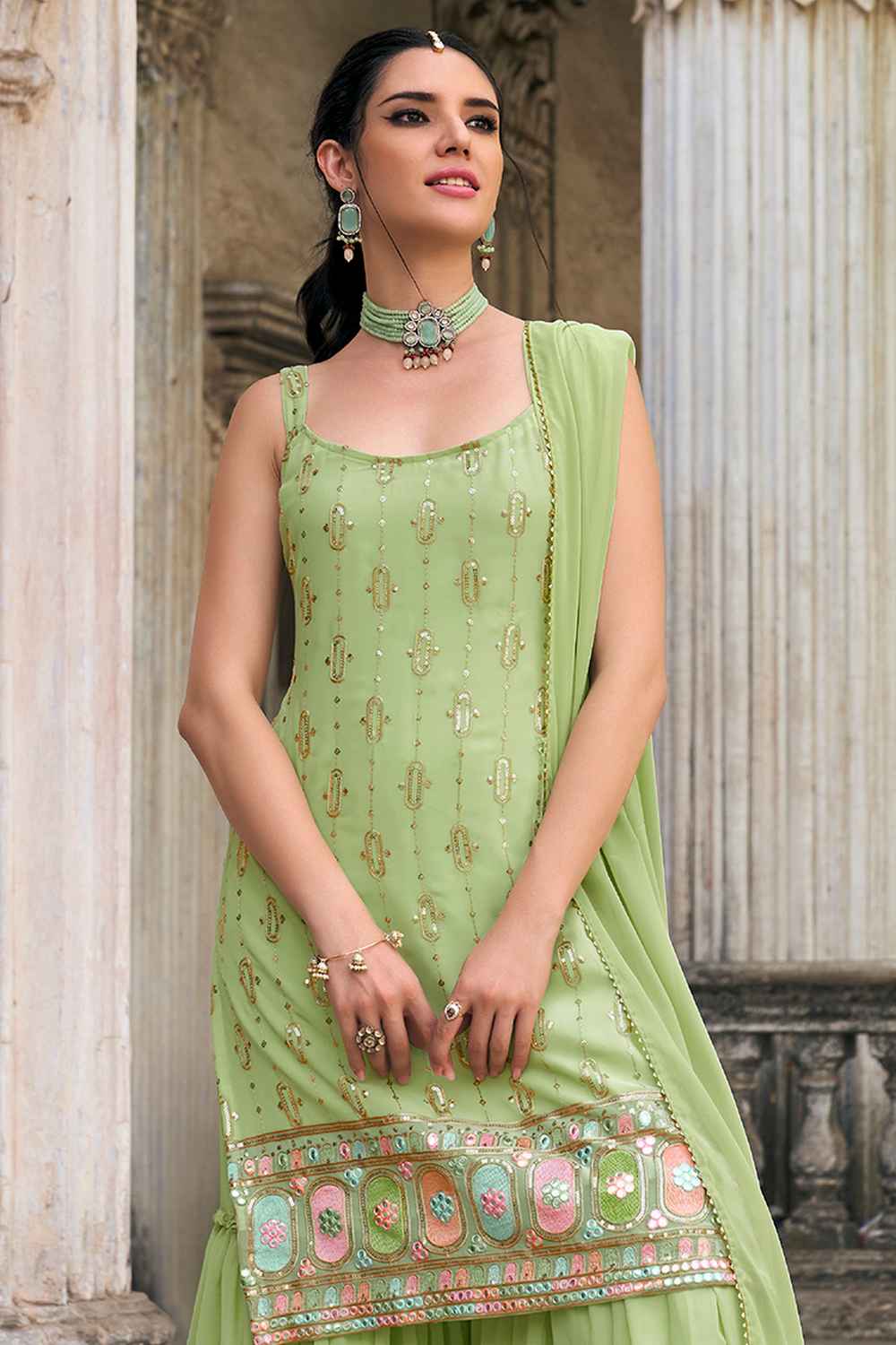 Green Embroidered Georgette Sharara Suit