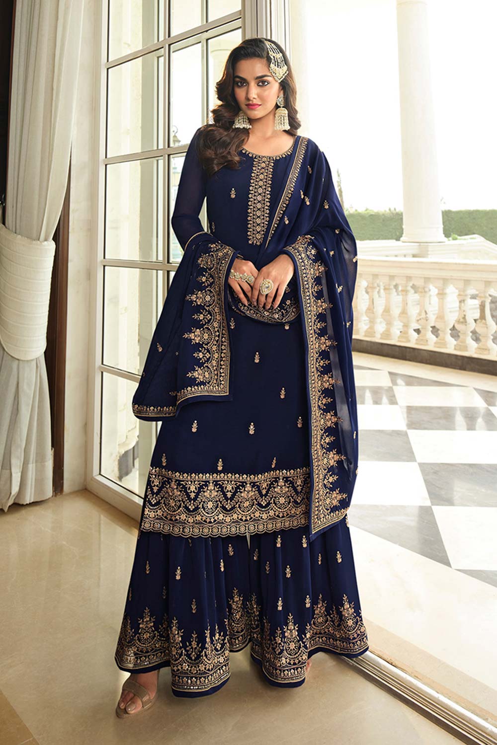 Navy Blue Georgette Embroidered Sharara Suit