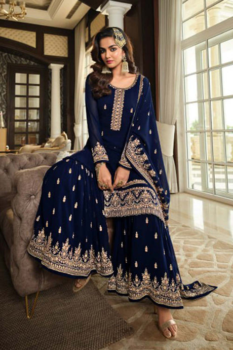 Navy Blue Georgette Embroidered Sharara Suit