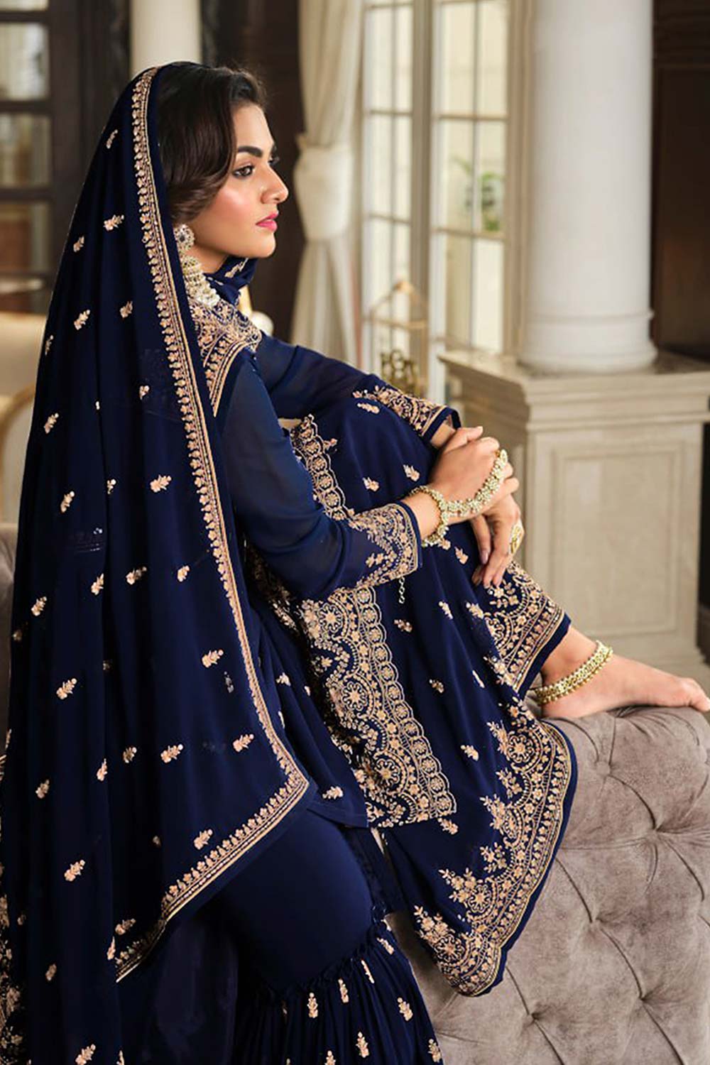 Navy Blue Georgette Embroidered Sharara Suit