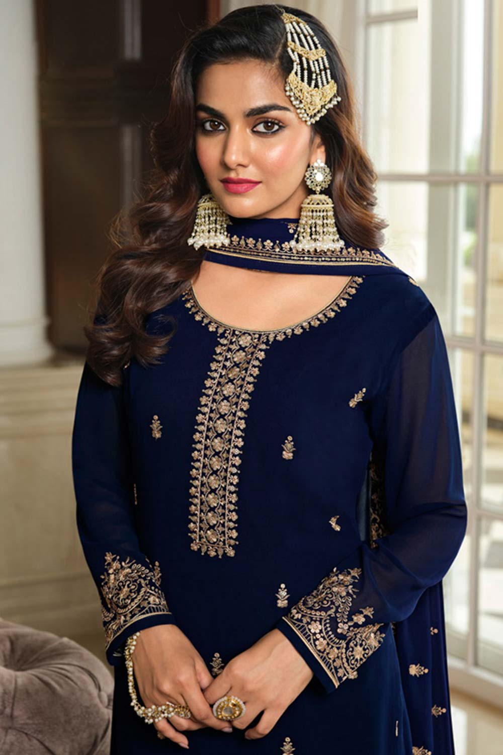 Navy Blue Georgette Embroidered Sharara Suit