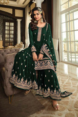 Dark Green Georgette Embroidered Sharara Suit