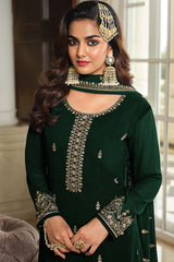 Dark Green Georgette Embroidered Sharara Suit