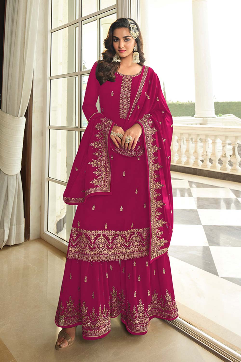 Dark Magenta Georgette Embroidered Sharara Suit