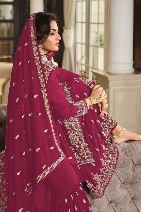 Dark Magenta Georgette Embroidered Sharara Suit