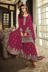 Dark Magenta Georgette Embroidered Sharara Suit