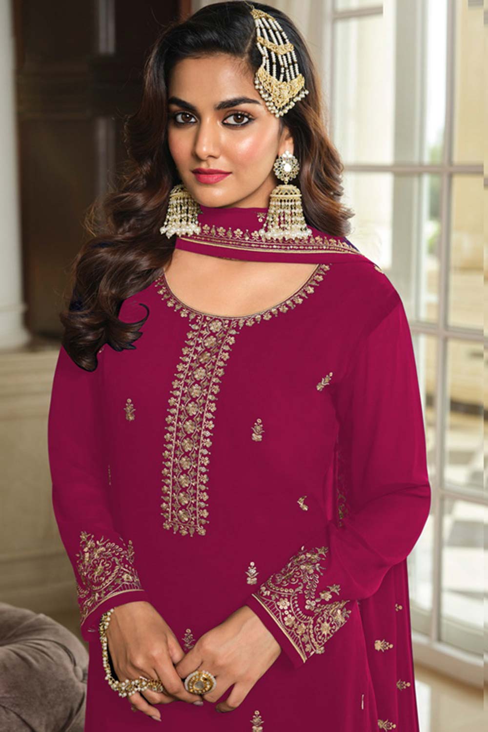 Dark Magenta Georgette Embroidered Sharara Suit