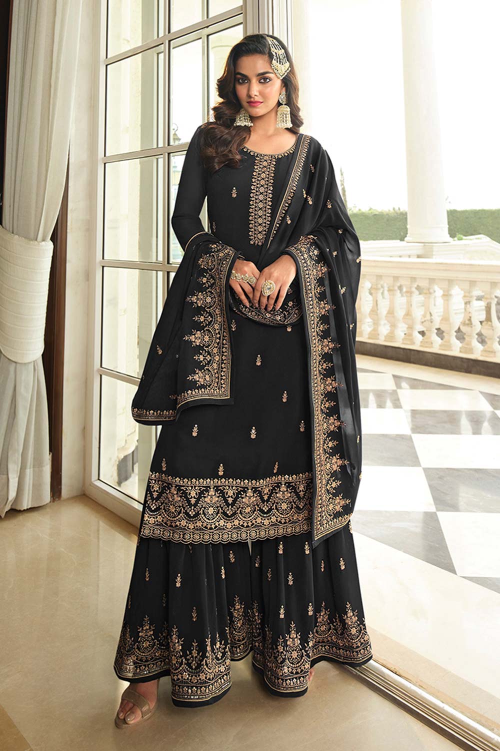 Black Georgette Embroidered Sharara Suit