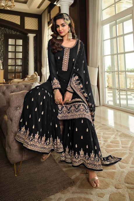 Black Georgette Embroidered Sharara Suit