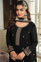 Black Georgette Embroidered Sharara Suit