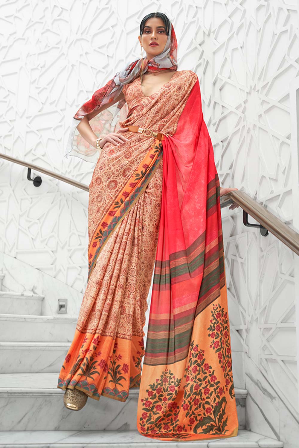 Multi Color Classic Digital Printed Crepe Silk Saree