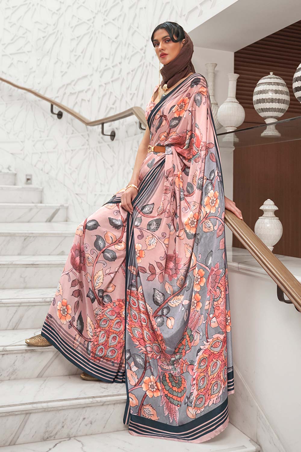 Multi Color Classic Digital Printed Crepe Silk Saree