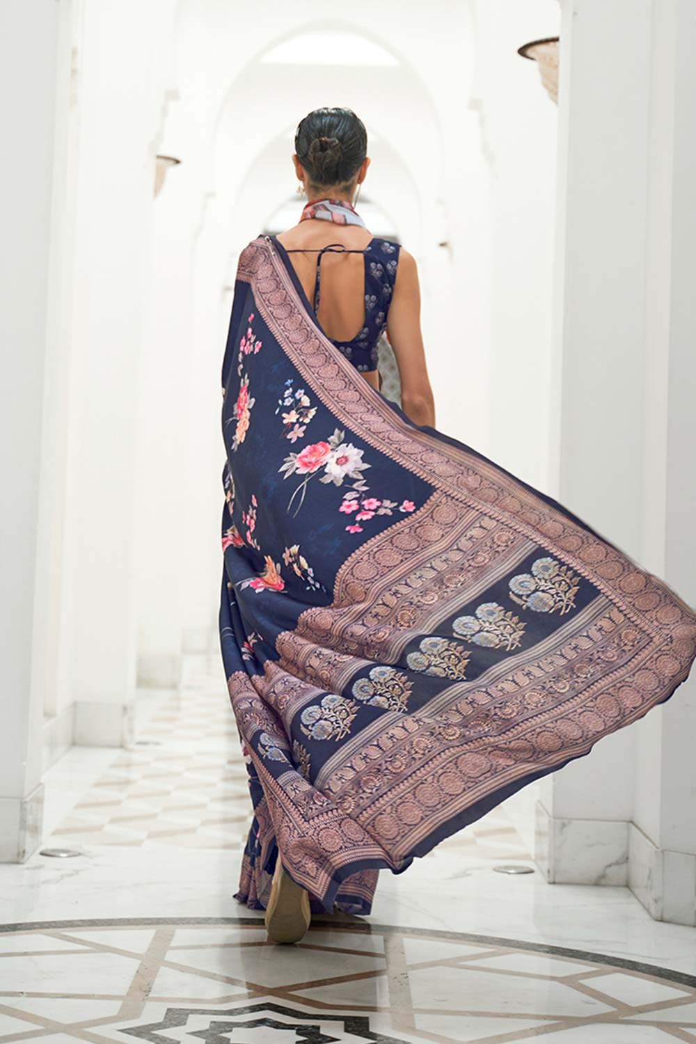 Navy Blue Color Classic Digital Printed Crepe Silk Saree