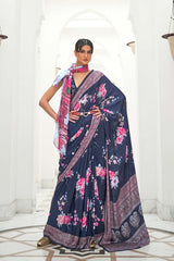 Navy Blue Color Classic Digital Printed Crepe Silk Saree