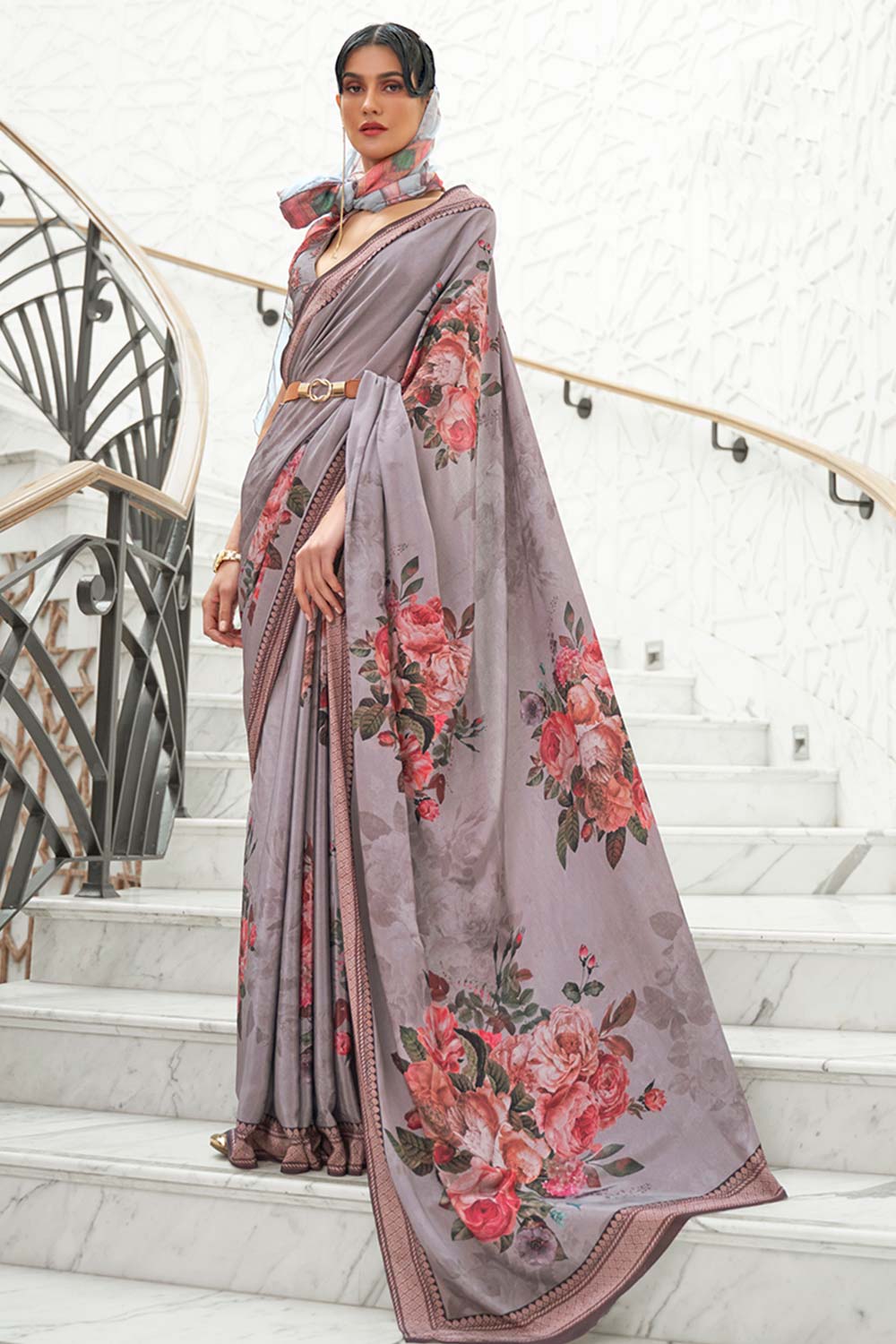 Grey Color Classic Digital Printed Crepe Silk Saree