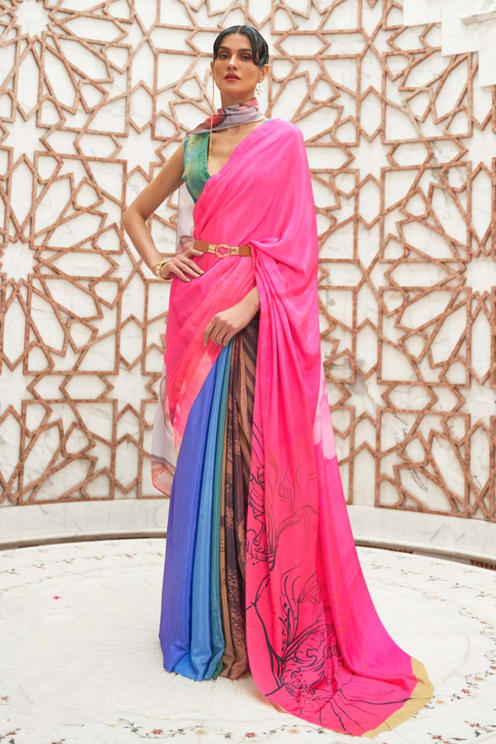 Multi Color Classic Digital Printed Crepe Silk Saree