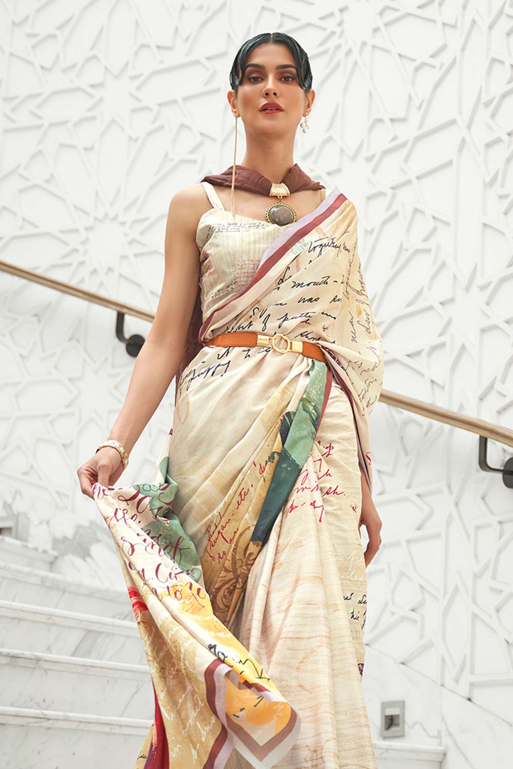 Cream Color Classic Digital Printed Crepe Silk Saree