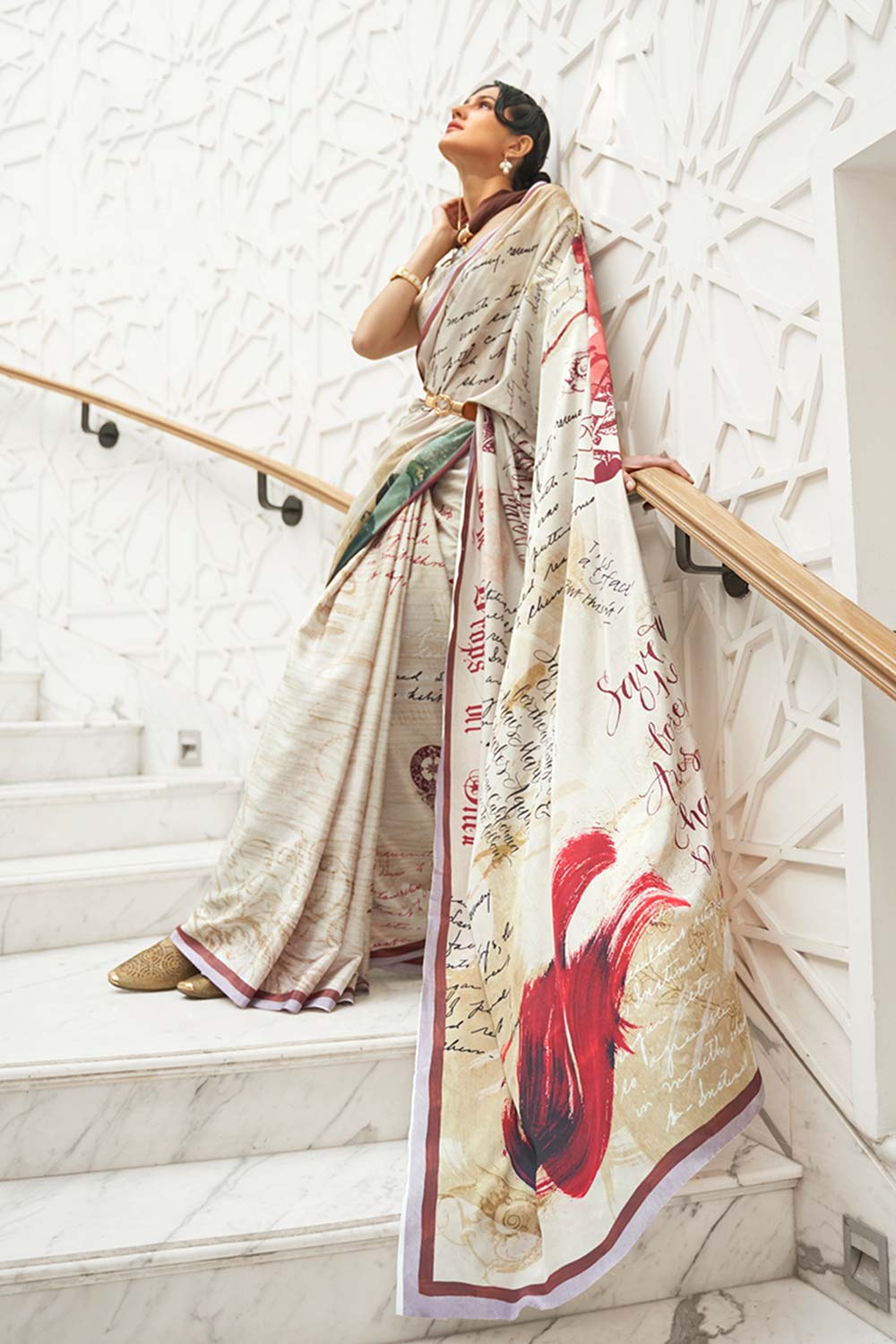 Cream Color Classic Digital Printed Crepe Silk Saree