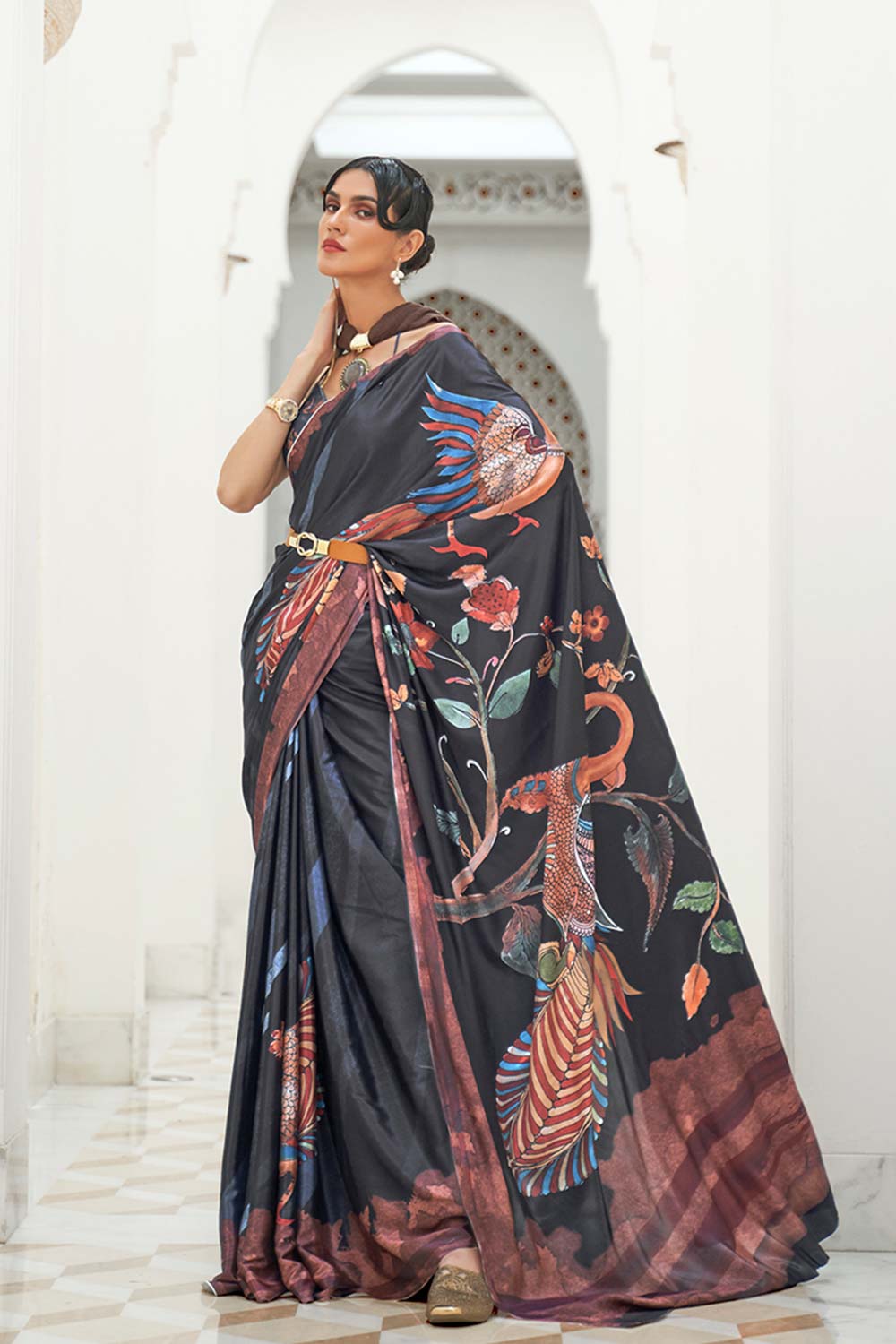 Black Color Classic Digital Printed Crepe Silk Saree